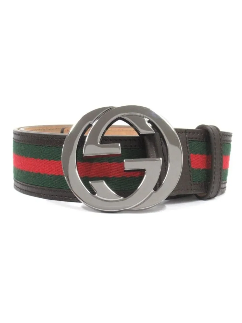 Gucci Belt Sherry Line Interlocking Logo Buckle 90 36 Brown Green Red - Picture 1 of 5